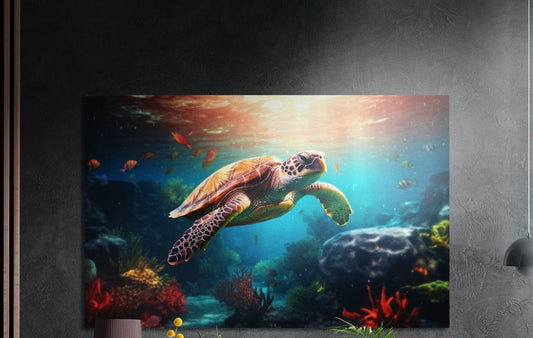 Sea turtle over a coral reef brushed aluminum wall art on a dark wall above yellow flowers and plants