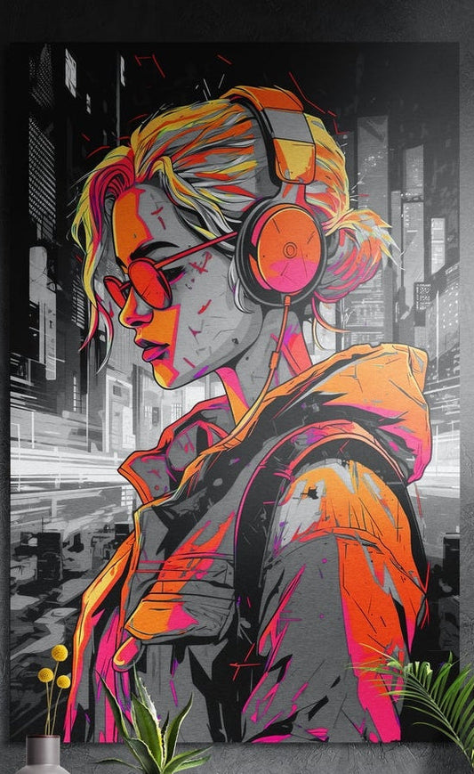 Girl with orange headphones and tinted shades in a gray city, brushed aluminum wall art on a dark wall above plants