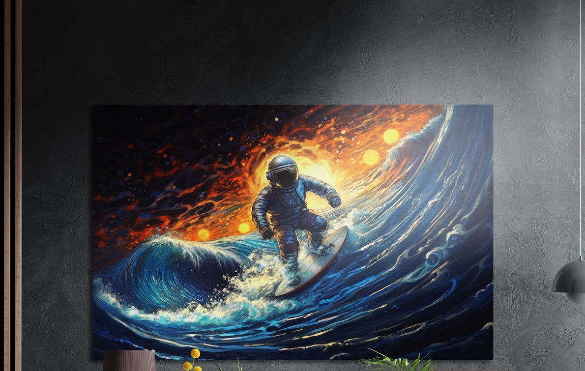 Astronaut surfing a blue wave brushed aluminum wall art on a dark textured wall above a lamp and plants