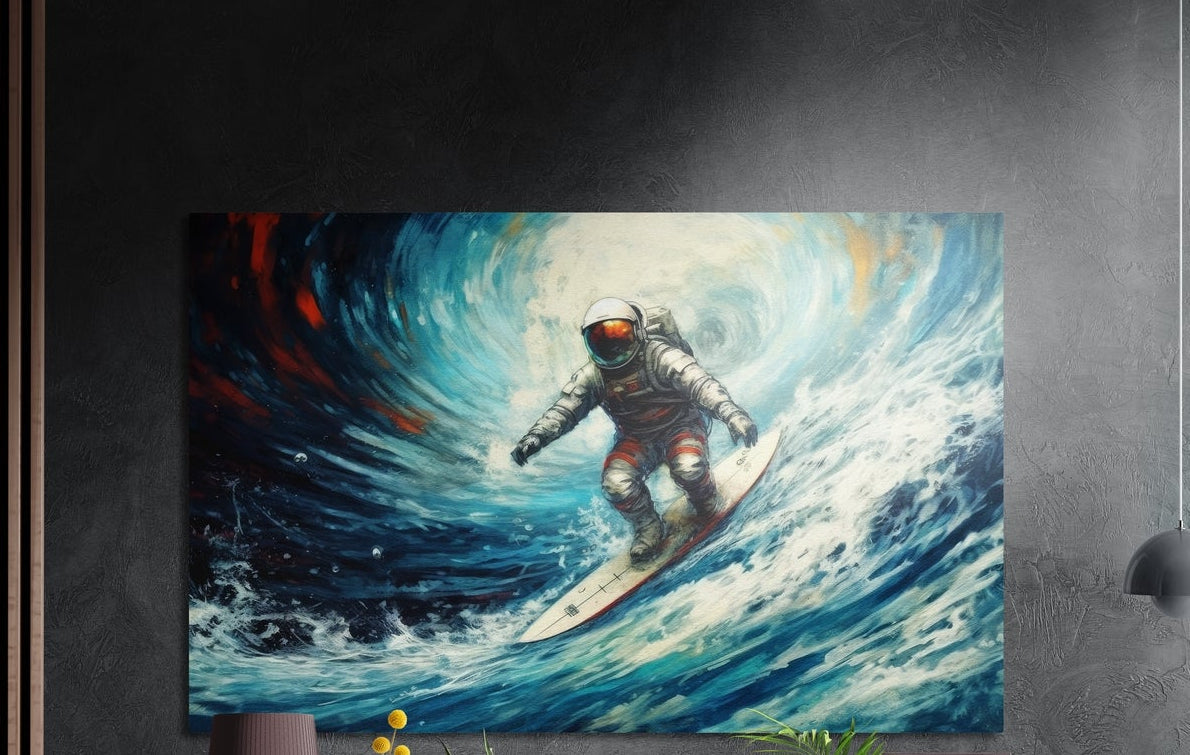 Astronaut surfing a blue wave brushed aluminum wall art on a gray concrete wall with a lamp and plants below