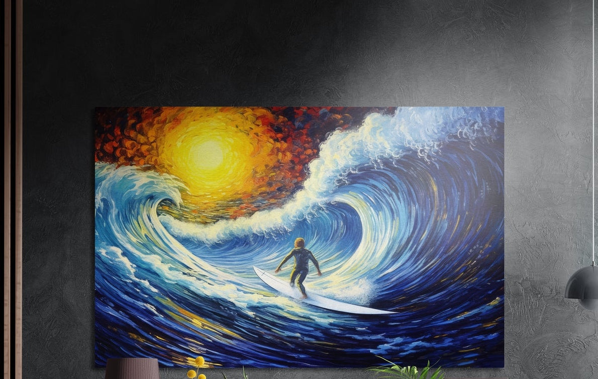 Surfer in a swirling blue wave under a yellow sun, brushed aluminum wall art on a dark wall