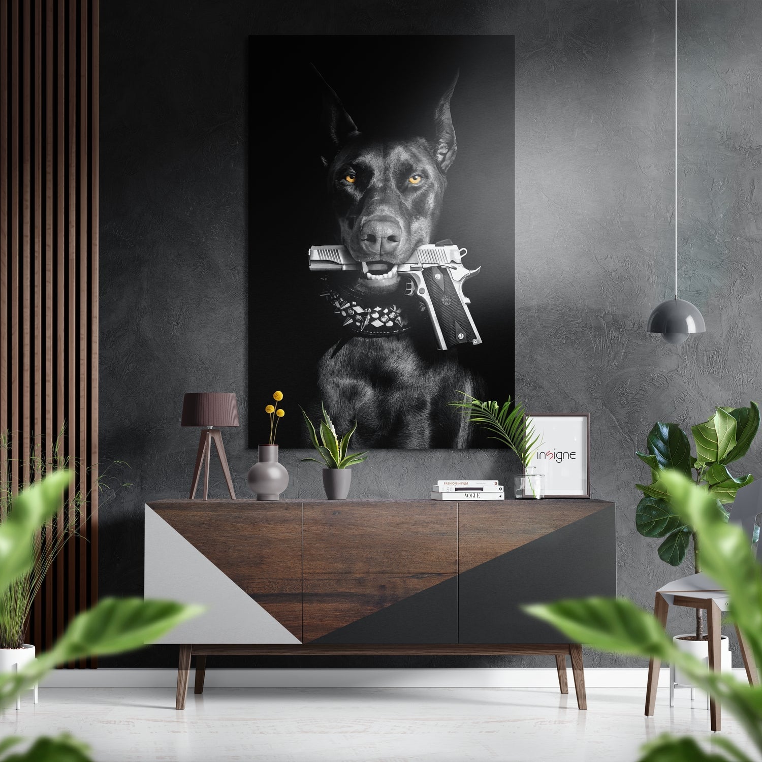 Dog and gun metal wall art, sporting hunting dog and shotgun scene on brushed aluminum