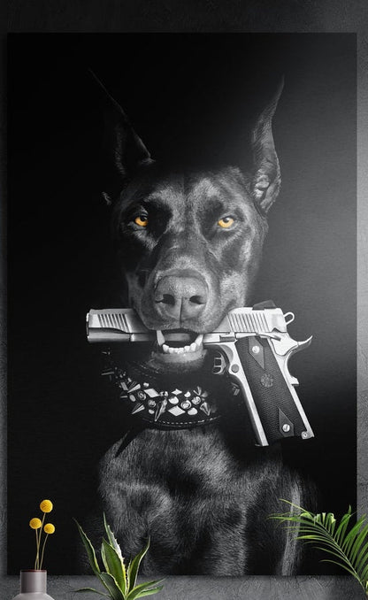 Black Doberman with a silver pistol in its mouth, brushed aluminum wall art on a dark wall above a vase and plants