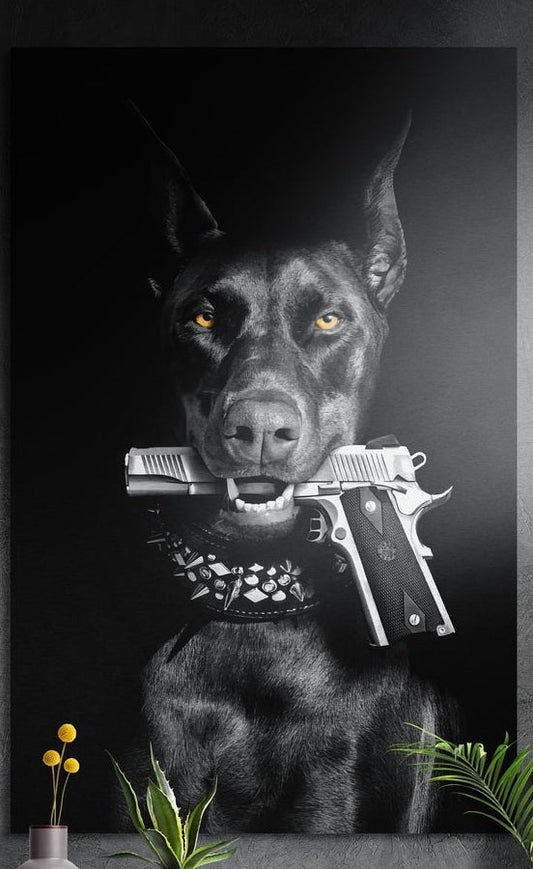 Black Doberman with a silver pistol in its mouth, brushed aluminum wall art on a dark wall above a vase and plants