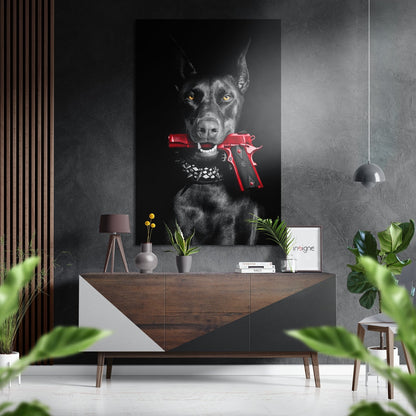 Black Doberman metal wall art with red pistol accent