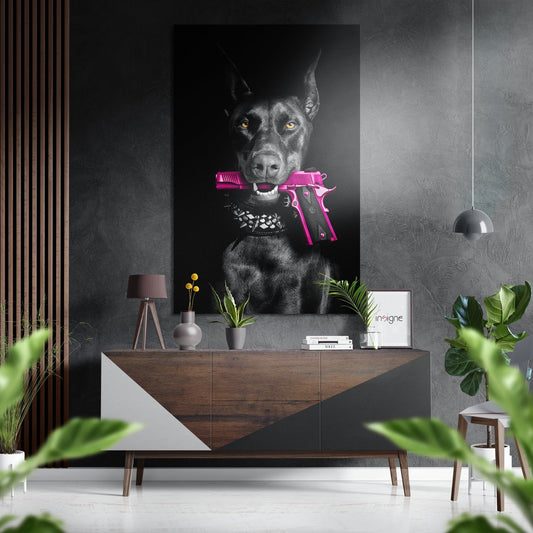 Black Doberman metal wall art with pink pistol accent