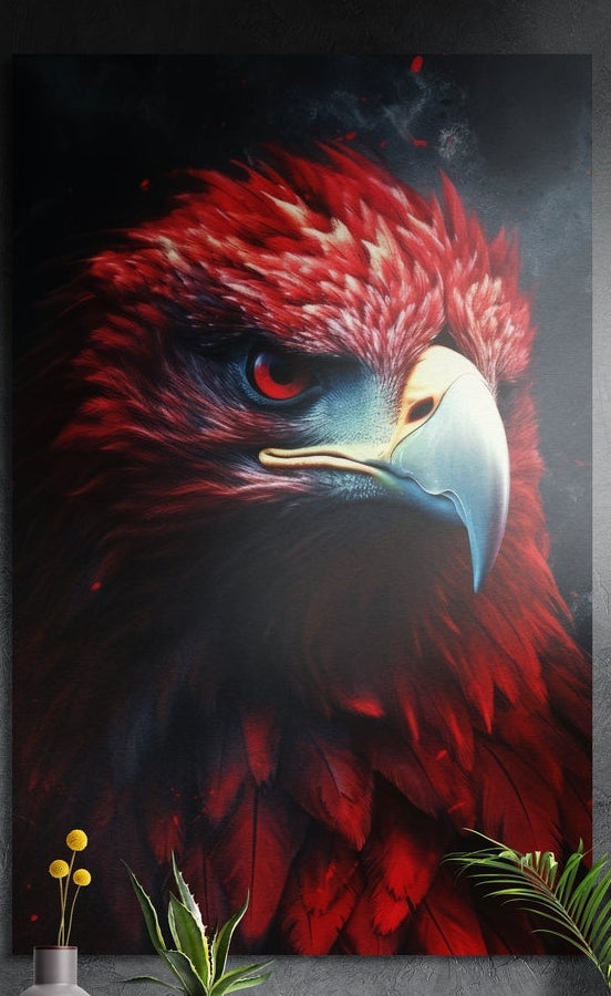 Red feathered eagle portrait on a dark background, brushed aluminum wall art on a gray wall above a vase and plants