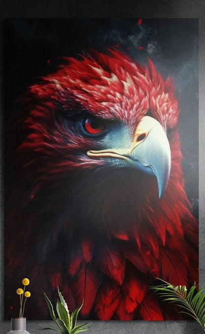Red feathered eagle portrait on a dark background, brushed aluminum wall art on a gray wall above a vase and plants