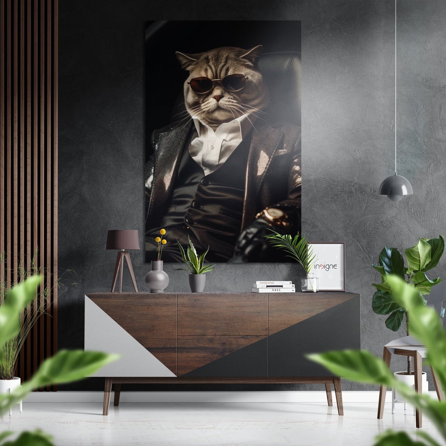 Cat Boss brushed aluminum dibond metal wall art with a bold feline design