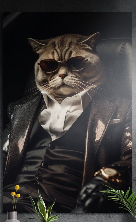 Cat boss in sunglasses and dark suit brushed aluminum wall art on a dark textured wall above potted plants