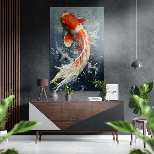 Orange koi fish blue water metal wall art