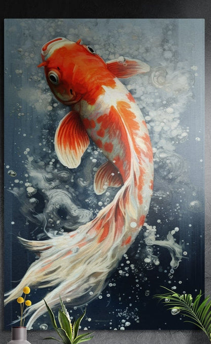 Orange koi fish brushed aluminum wall art on a dark textured wall above potted plants