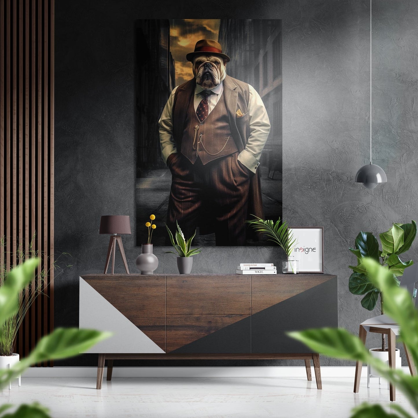 Inspector dog metal wall art, detective dog in coat and hat on brushed aluminum