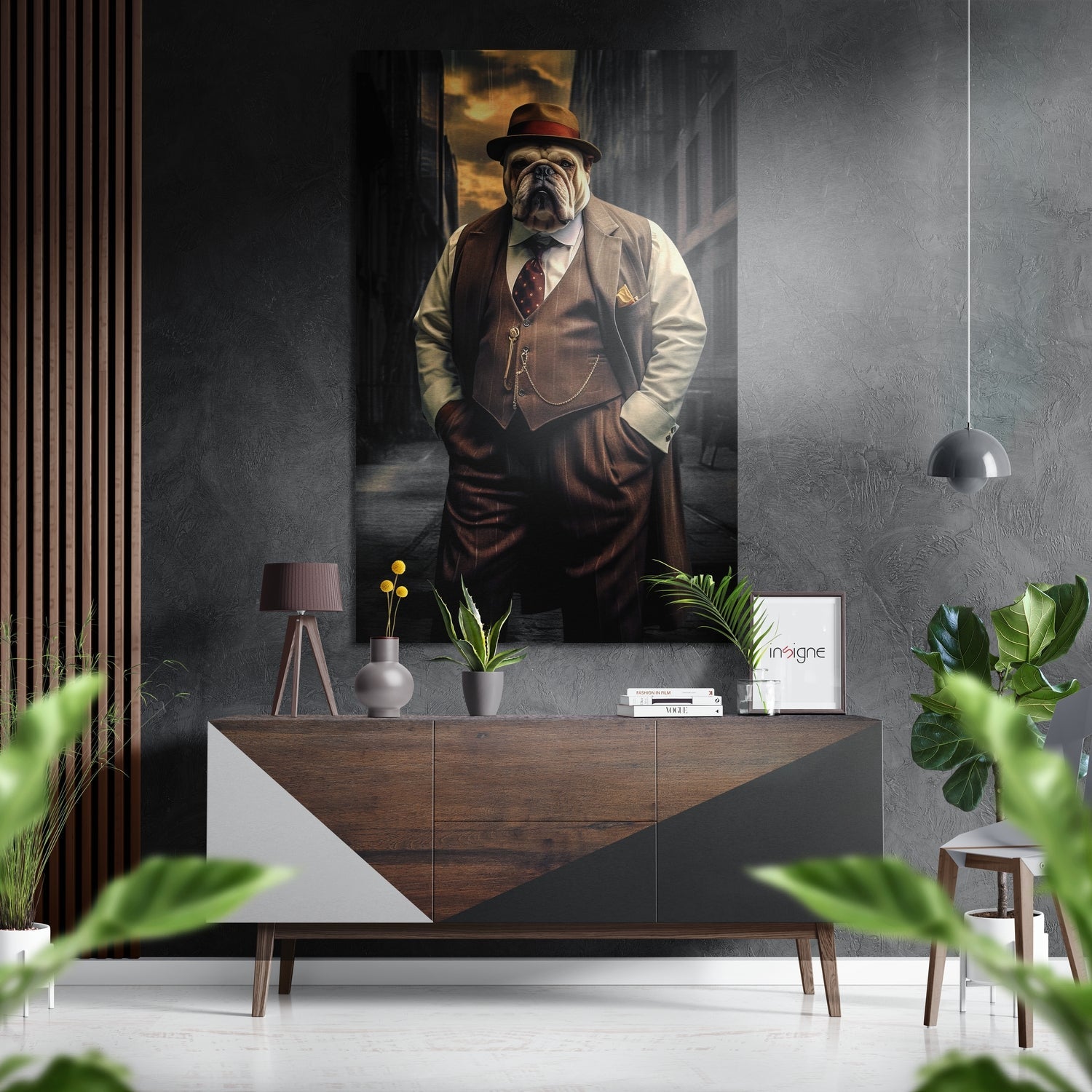 Inspector dog metal wall art, detective dog in coat and hat on brushed aluminum