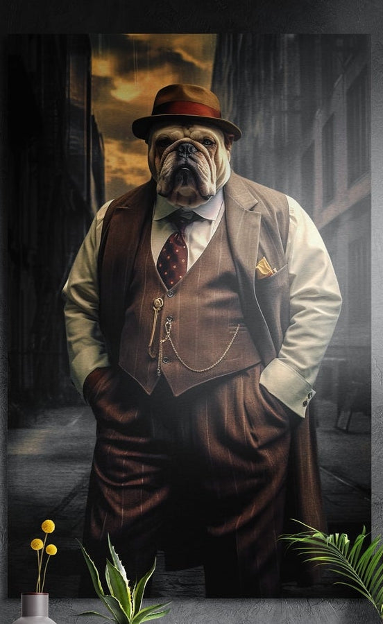 Bulldog inspector in brown vest and hat brushed aluminum wall art on a dark textured wall above potted plants