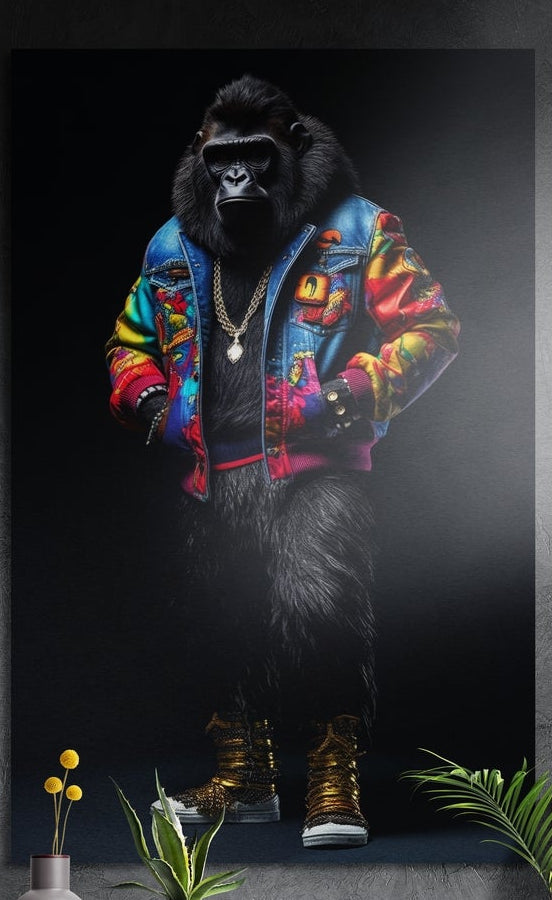 Gorilla in a patchwork denim jacket and gold sneakers brushed aluminum wall art on a dark gray wall above plants
