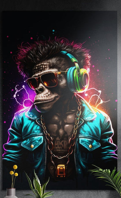 Gorilla in sunglasses and headphones brushed aluminum wall art on a dark wall above yellow flowers and plants