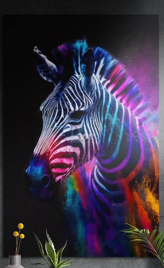 Rainbow neon zebra brushed aluminum wall art on a dark textured wall above a vase of yellow flowers and plants