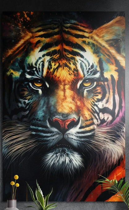 Color splash tiger face brushed aluminum wall art hung on a dark textured wall above potted plants