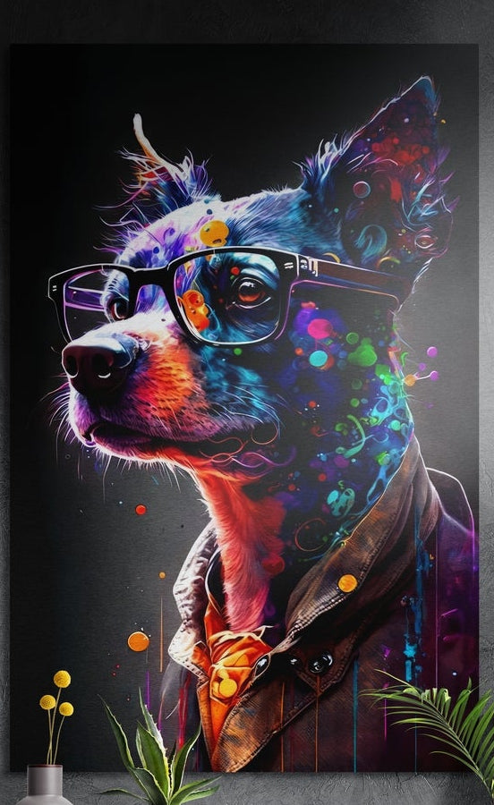 Paint splash dog in black glasses and leather jacket brushed aluminum wall art on a dark textured wall above plants