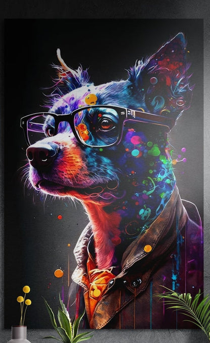 Paint splash dog in black glasses and leather jacket brushed aluminum wall art on a dark textured wall above plants