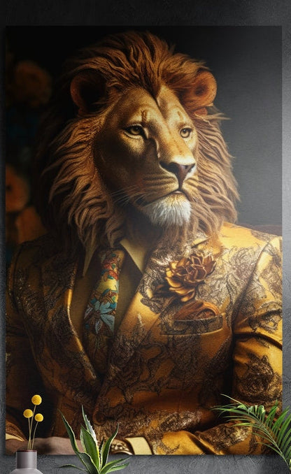 Lion with a full mane in a gold patterned suit and floral tie, brushed aluminum wall art on a dark wall