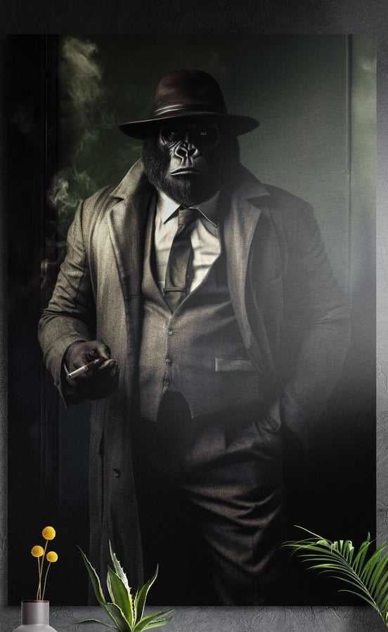 Gorilla in a fedora and trench coat holding a cigarette in a smoky room, brushed aluminum wall art on a dark wall