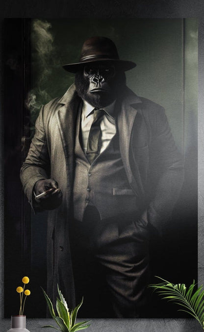 Gorilla in a fedora and trench coat holding a cigarette in a smoky room, brushed aluminum wall art on a dark wall