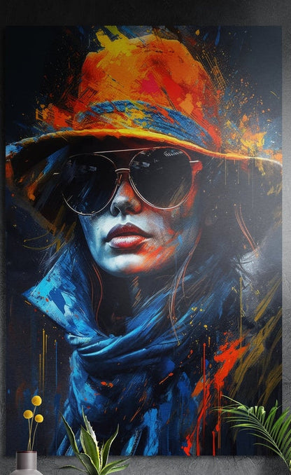 Orange hat and blue scarf woman in sunglasses brushed aluminum wall art on a dark wall above yellow flowers and plants