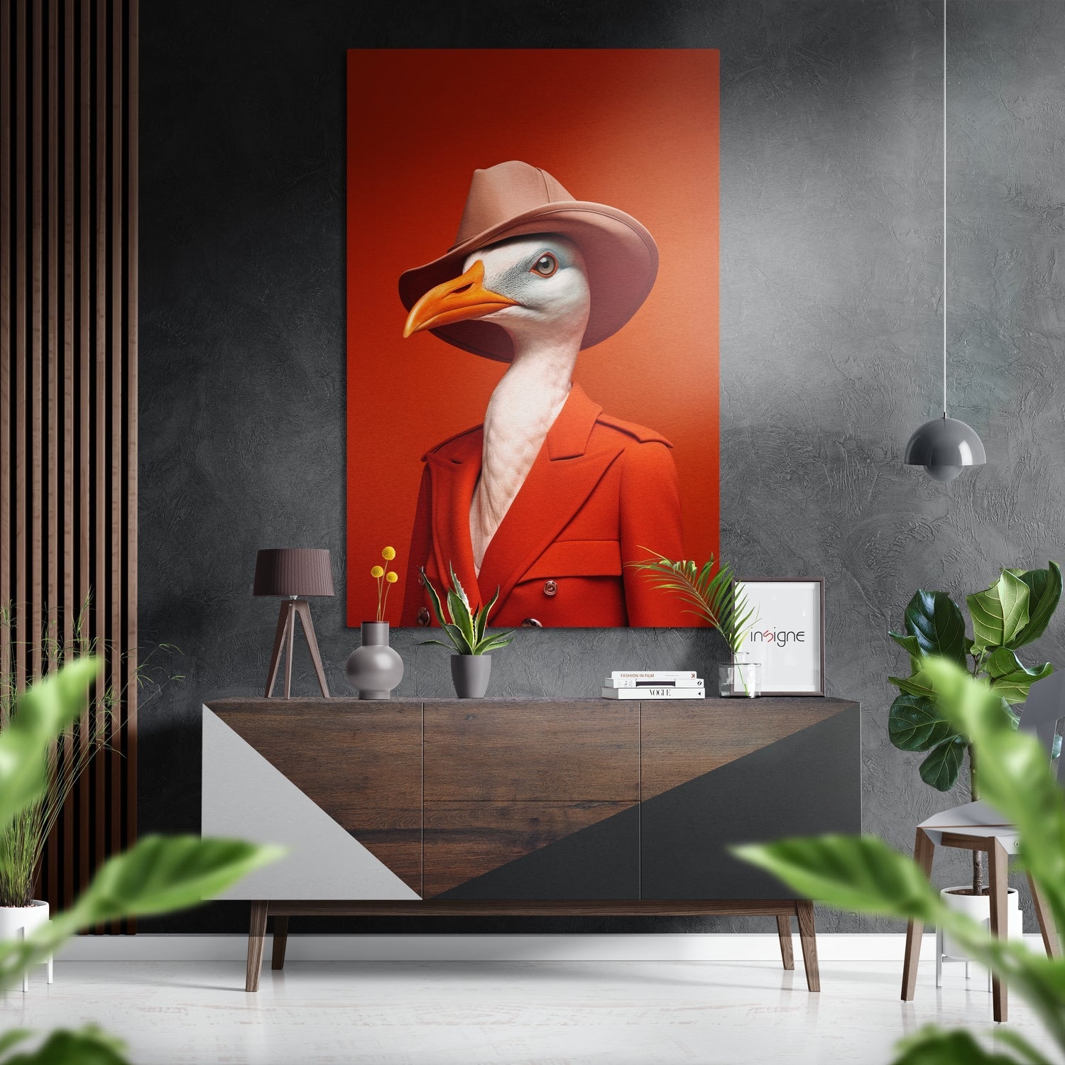 Lady Bird brushed aluminum dibond wall art, avian portrait on metallic panel