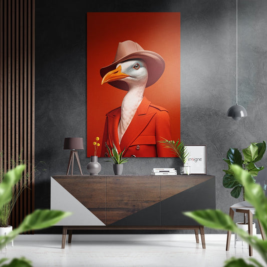 Lady Bird brushed aluminum dibond wall art, avian portrait on metallic panel