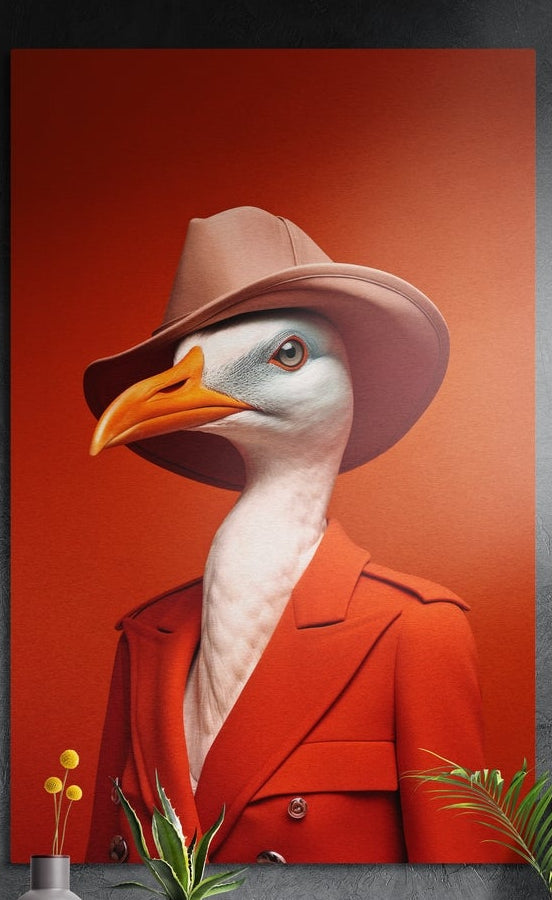 White bird in a fedora and red coat brushed aluminum wall art on a dark wall behind a vase of yellow flowers and plants