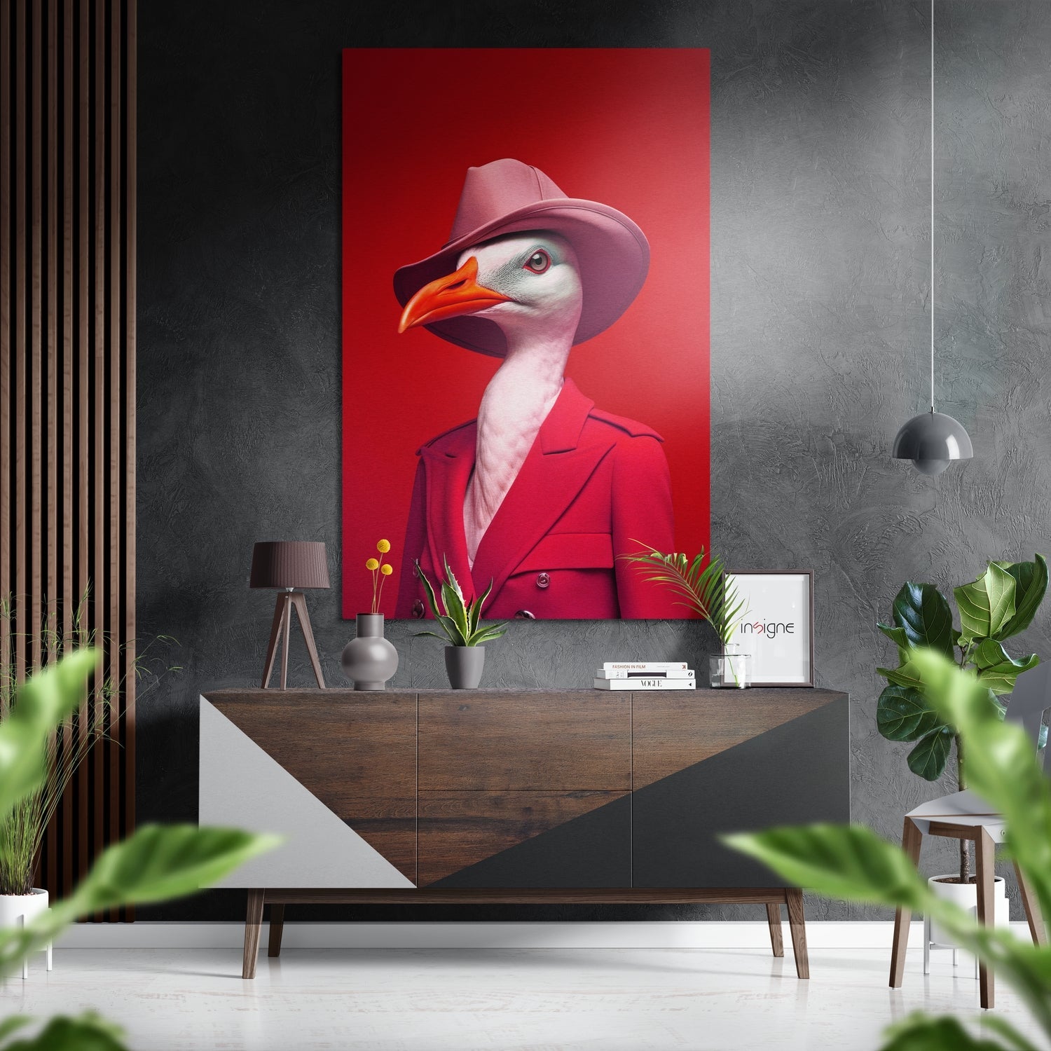 Goose in pink blazer metal wall art
