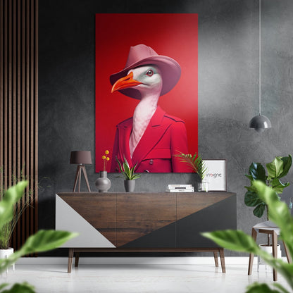 Goose in pink blazer metal wall art