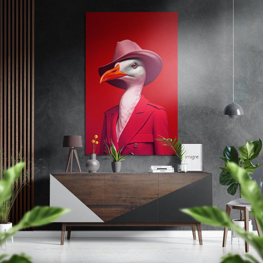 Goose in pink blazer metal wall art