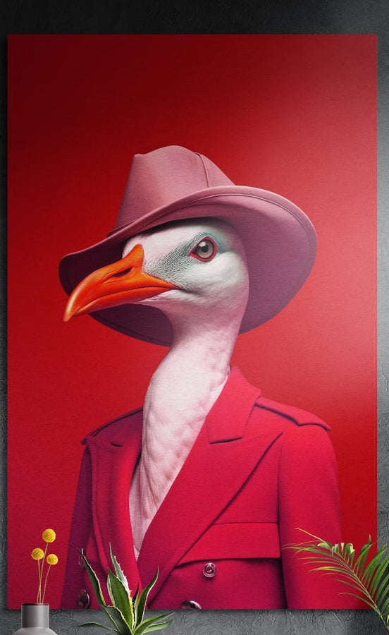 Goose in a pink hat and red blazer brushed aluminum wall art on a dark wall behind yellow flowers and green plants