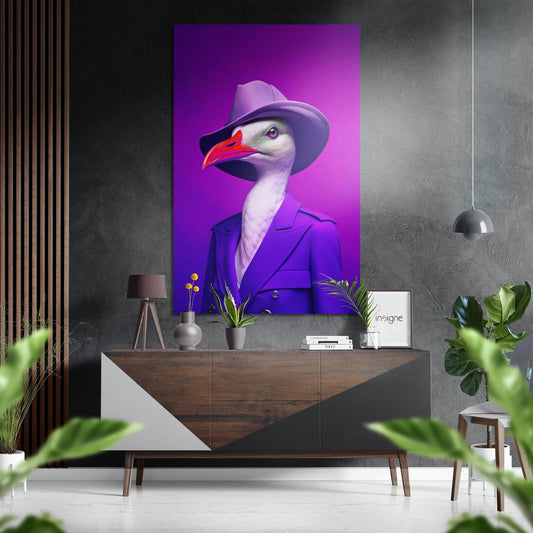 Purple suited goose metal wall art