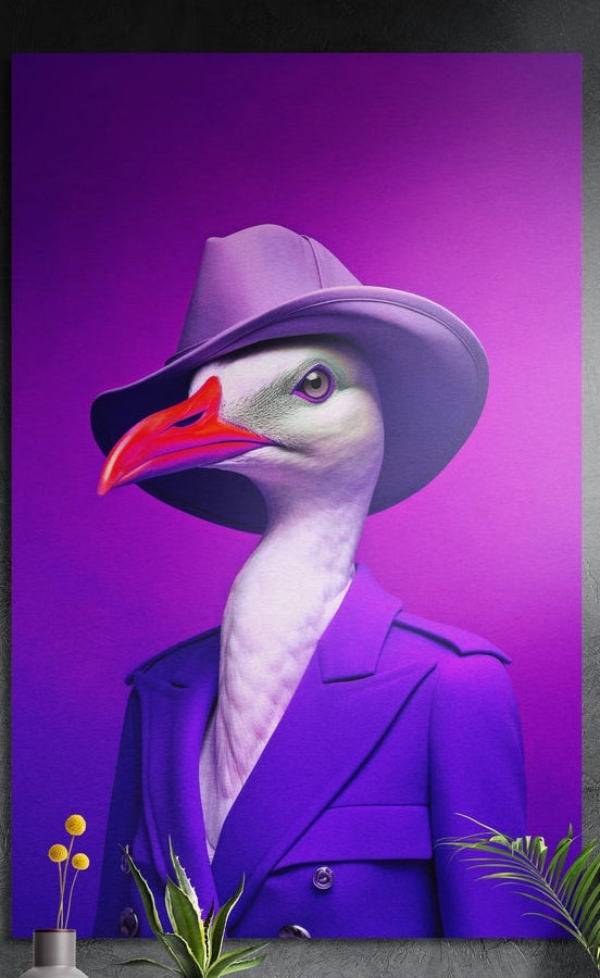 Goose in a purple suit and hat brushed aluminum wall art on a dark textured wall behind a vase and plants