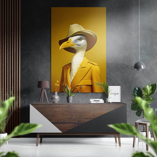 Goose in trench coat brushed aluminum metal wall art