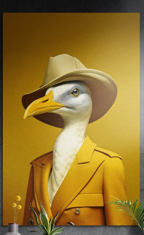 Goose in a mustard trench coat and hat brushed aluminum wall art on a dark wall above yellow flowers and plants