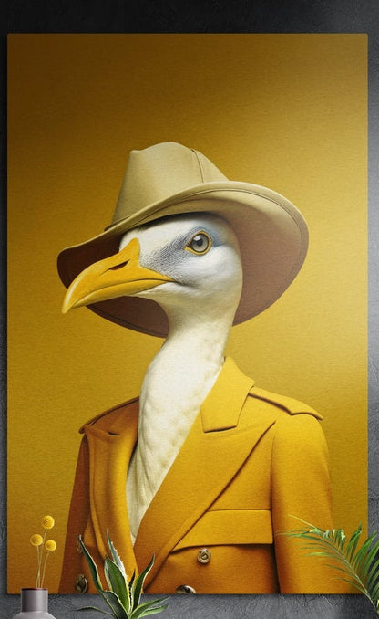 Goose in a mustard trench coat and hat brushed aluminum wall art on a dark wall above yellow flowers and plants