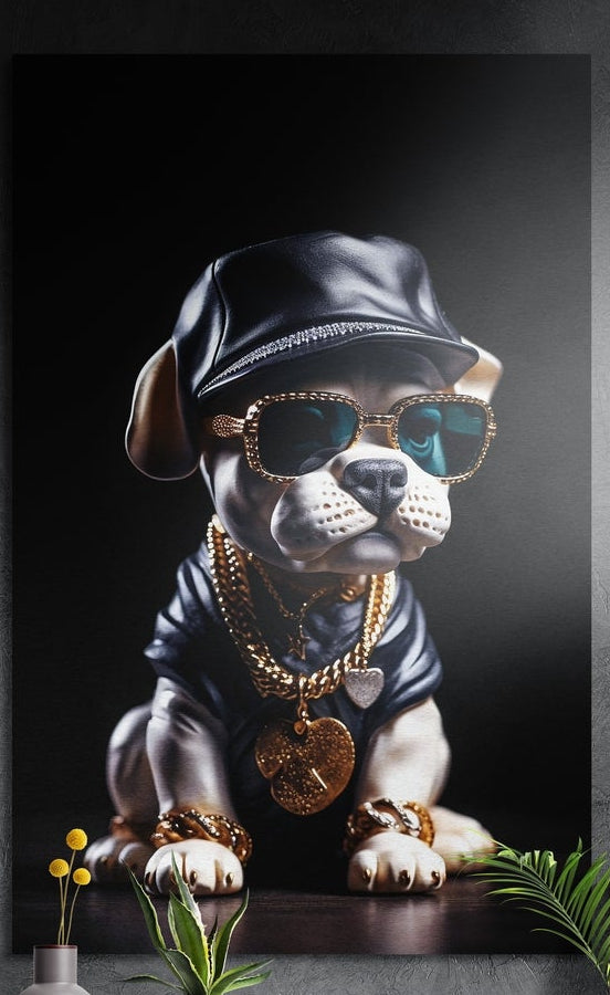 Puppy in sunglasses, leather cap and gold chains brushed aluminum wall art on a dark textured wall above potted plants