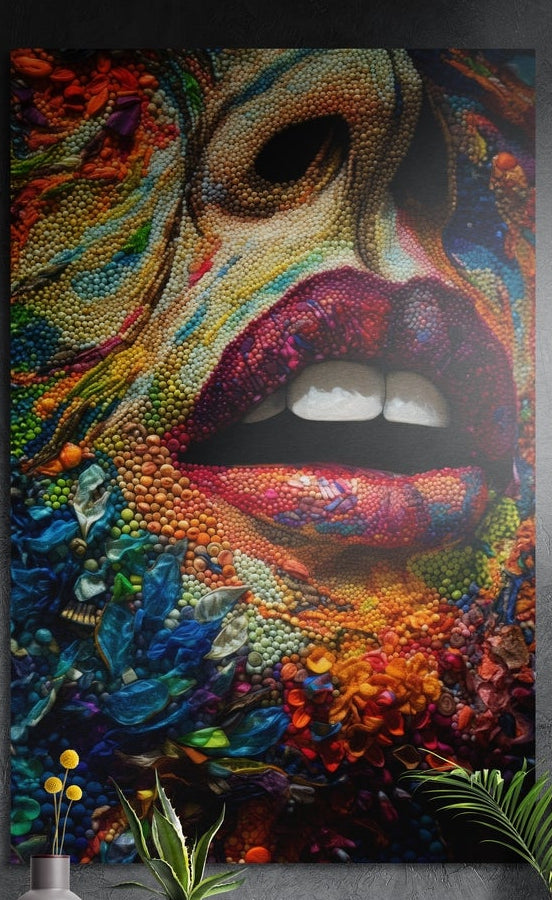 Beaded mosaic red lips face brushed aluminum wall art hung on a dark textured wall above potted plants