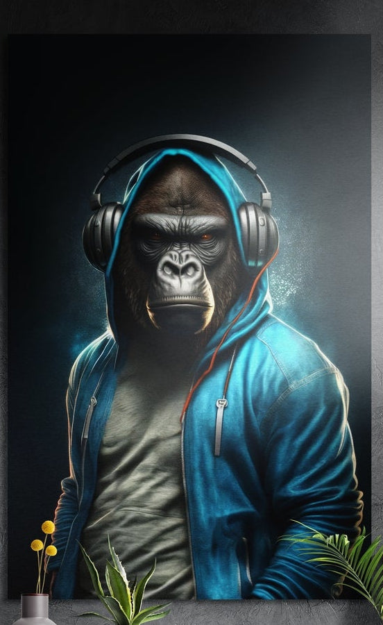 Gorilla with headphones in an open blue hoodie and gray tee brushed aluminum wall art above yellow flowers and plants