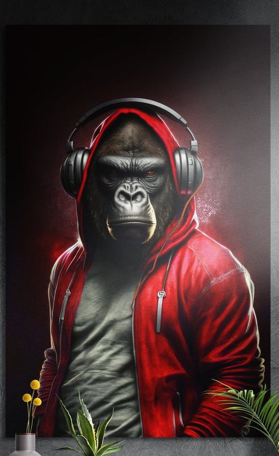 Red hoodie gorilla in headphones brushed aluminum wall art on a dark textured wall above potted plants