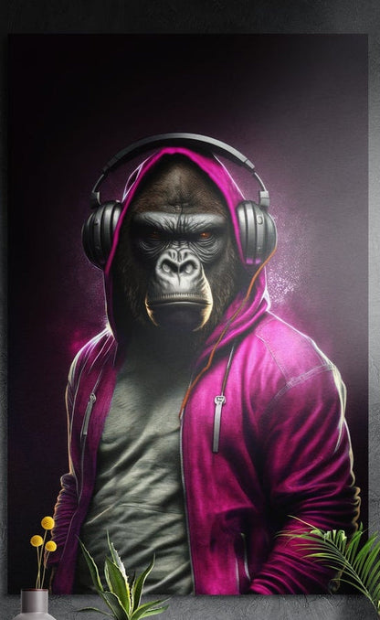 Gorilla with headphones in an open magenta hoodie and gray tee brushed aluminum wall art above yellow flowers and plants