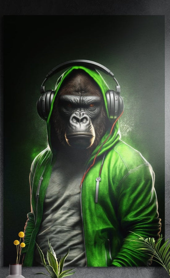 Gorilla with headphones in an open lime green hoodie and gray tee brushed aluminum wall art above yellow flowers and plants