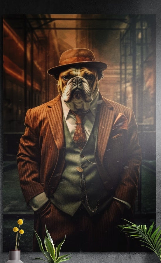 Bulldog in brown pinstripe suit and hat brushed aluminum wall art on a dark textured wall above potted plants