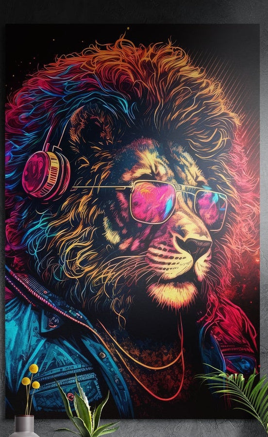 Neon DJ lion in headphones and pink sunglasses brushed aluminum wall art on a dark textured wall above potted plants
