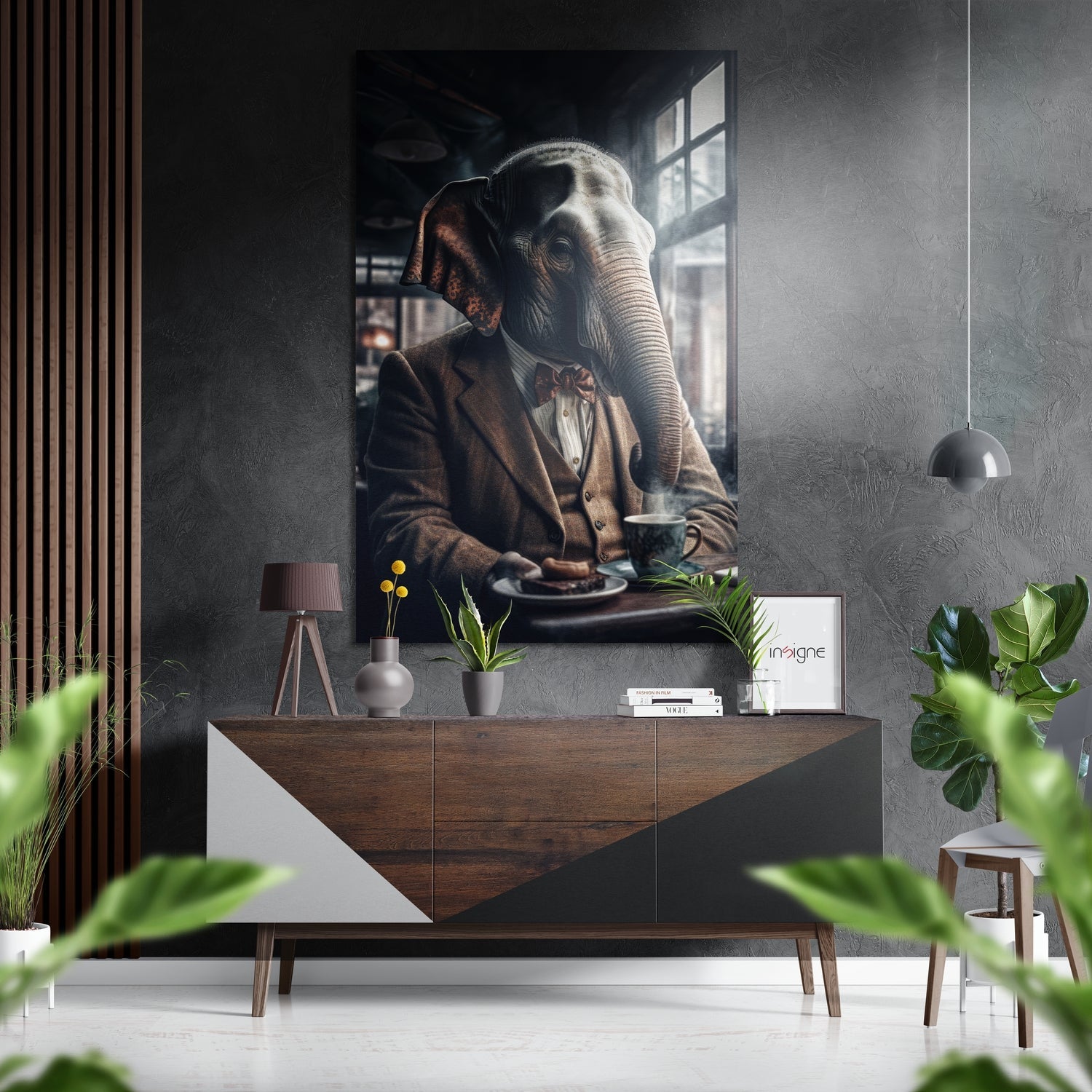 Dapper gentleman elephant character art on brushed aluminum dibond metal print